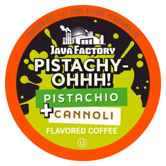 Java Factory front packaging showing 40-count pistachio flavored pods and convenience