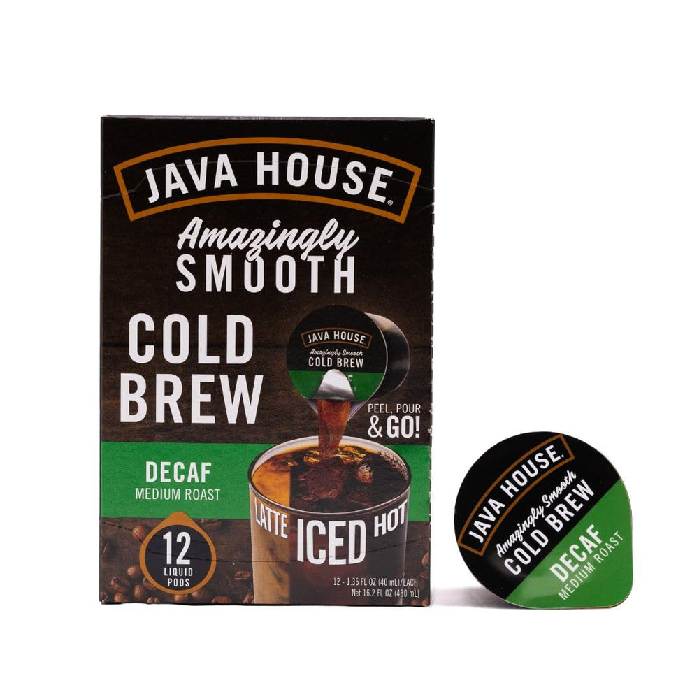 Java House front packaging showing decaf cold brew pods and benefits