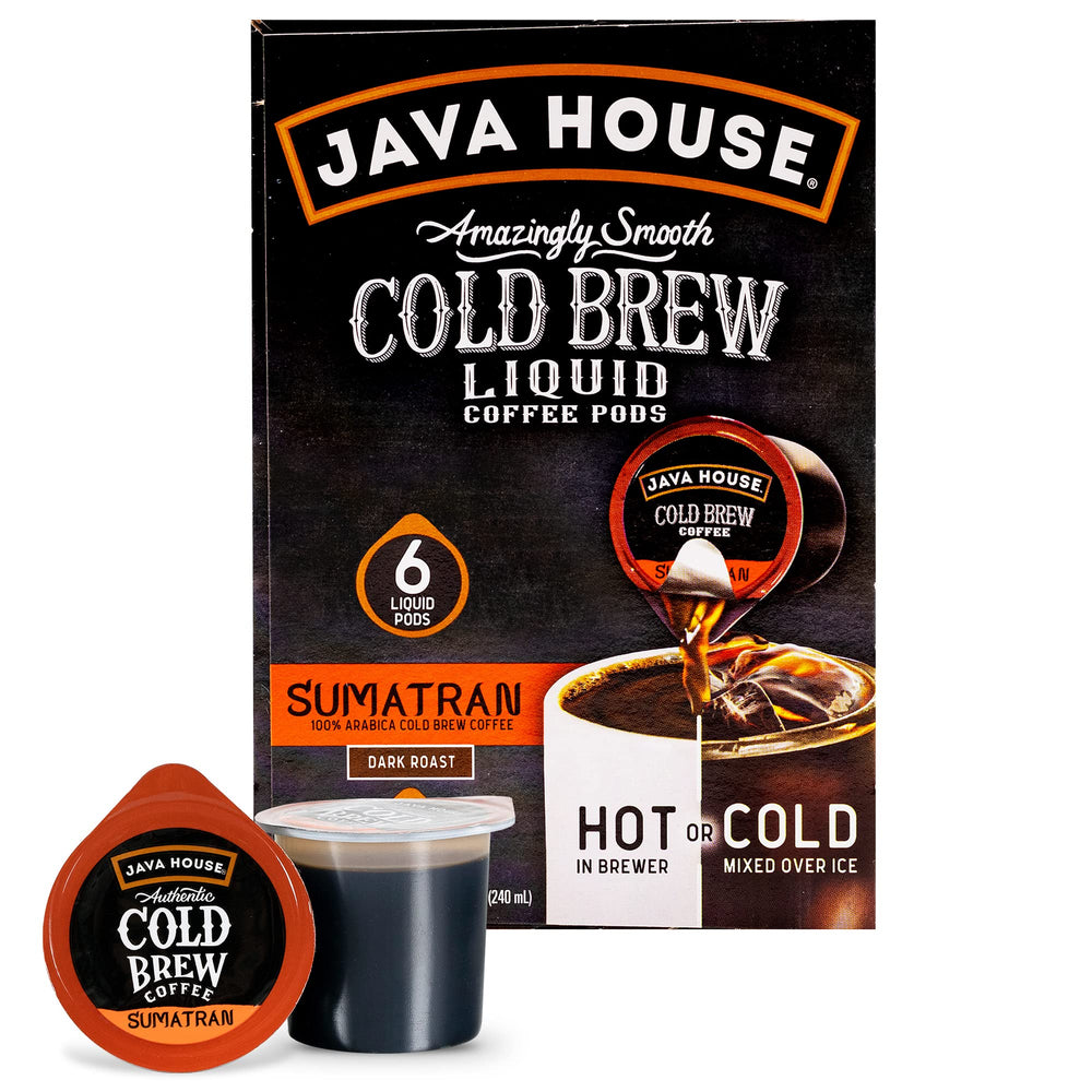 Java House front packaging showing six pods and bold Sumatran roast benefits