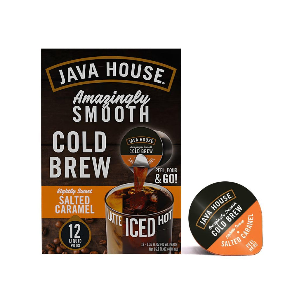 Java House front packaging showing salted caramel pods and convenience