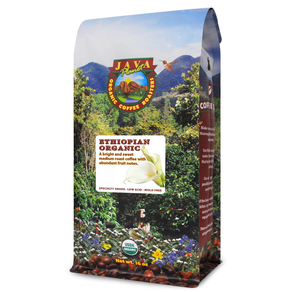 Java Planet front packaging 16oz showing roast date and organic badge for freshness