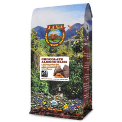 Java Planet front packaging showing organic chocolate almond label and benefit clarity