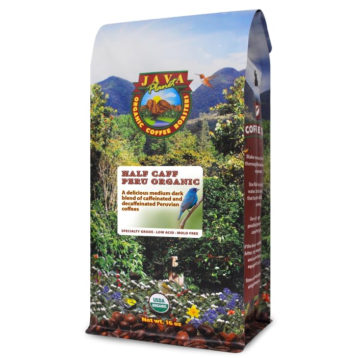 Java Planet front packaging showing Peruvian Half Caff and freshness benefit