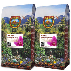 Java Planet bag front showing Peruvian medium‑dark roast and 32oz benefit