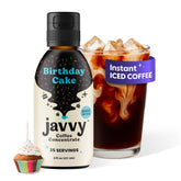 Javvy front packaging showing Birthday Cake concentrate and quick prep benefit