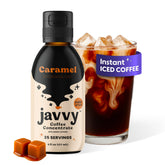 Javvy bottle front view showing caramel cold brew branding and benefit of quick prep