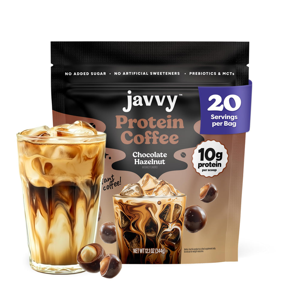Javvy front packaging showing flavor and servings, highlights convenience