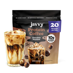 Javvy front packaging showing flavor and servings, highlights convenience