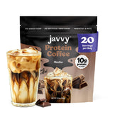 Javvy Chocolate Mocha front tub showing packaging and servings for convenience