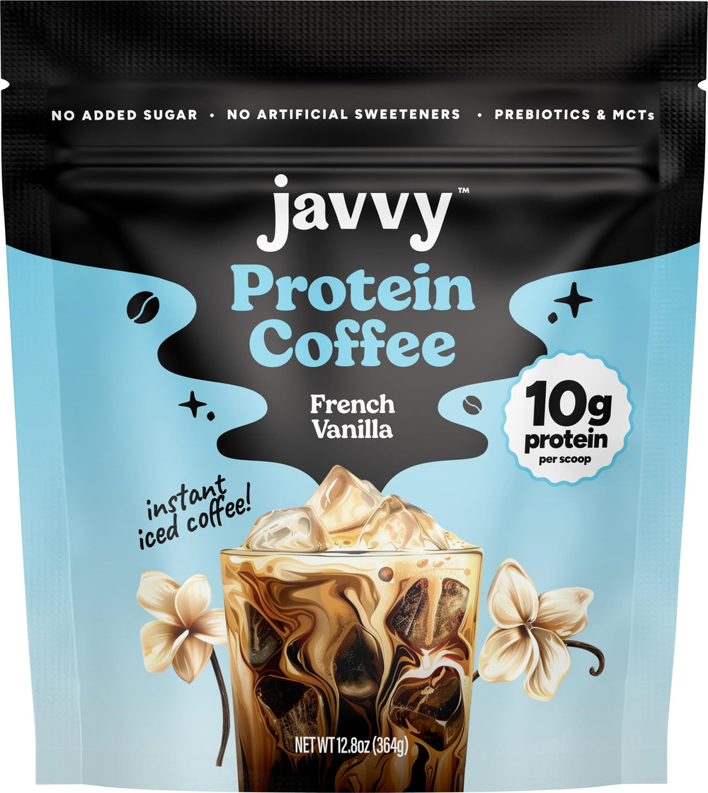 Javvy legacy front packaging showing French Vanilla V3 and protein-coffee benefit