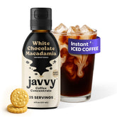 Javvy bottle front label showing white choc macadamia flavor and premium look