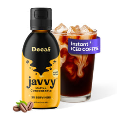 Javvy front label view showing decaf cold brew concentrate and clean branding benefit convenience