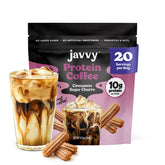 Javvy front packaging showing cinnamon sugar churro flavor and convenience