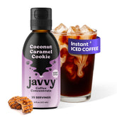 Javvy front packaging showing coconut caramel cookie flavor and benefits