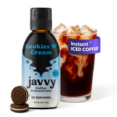 Javvy front packaging showing cookies n’ cream concentrate and quick prep benefit