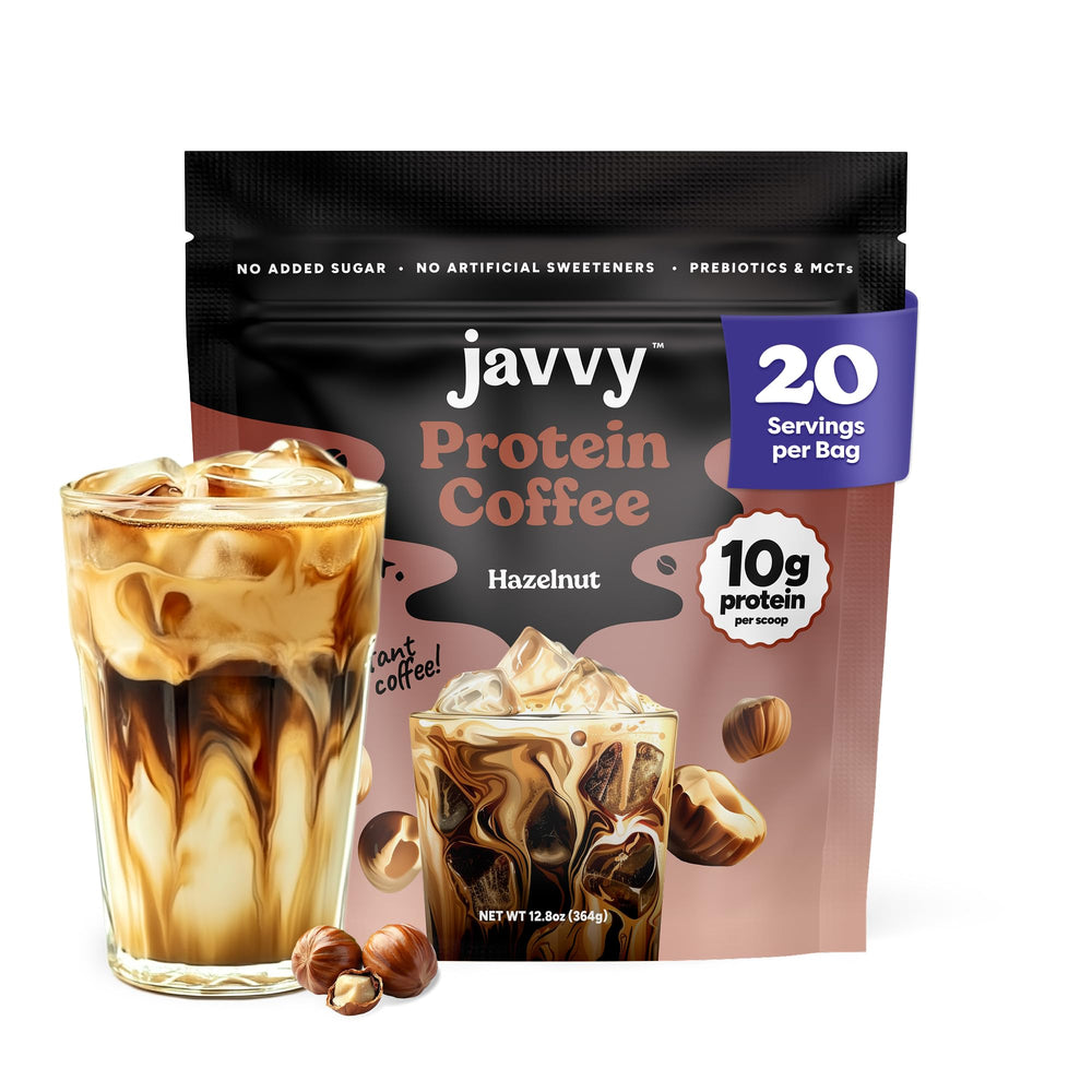 Javvy front packaging showing hazelnut protein coffee and serving info