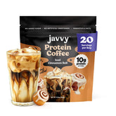 Javvy front packaging showing iced cinnamon roll flavor and protein benefit