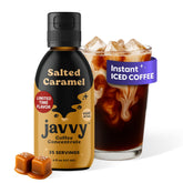 Javvy bottle front packaging showing salted caramel concentrate and benefits