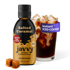 Javvy bottle front packaging showing salted caramel concentrate and benefits