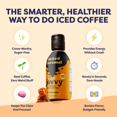 Glass of iced salted caramel coffee made with Javvy concentrate, ready to drink