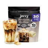 Javvy tub front view showing white chocolate mocha flavor and benefits