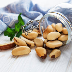 Jaybee's close-up of roasted Brazil nut kernels highlighting crunchy texture and rich buttery color, appetizing