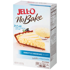 Jell-O plated cheesecake slice in kitchen setting suggesting easy party dessert