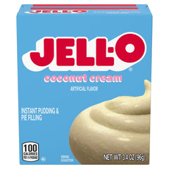Jell-O front packaging showing 24 coconut cream pudding pouches for easy stocking