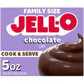 Jell-O front packaging showing chocolate pudding mix and serving suggestion benefit: recognizable brand