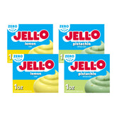Jell-O front packaging showing pistachio and lemon variety and convenience