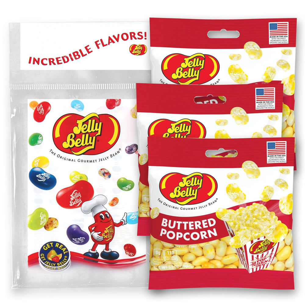 Jelly Belly front packaging showing three grab & go bags and easy-portability benefit