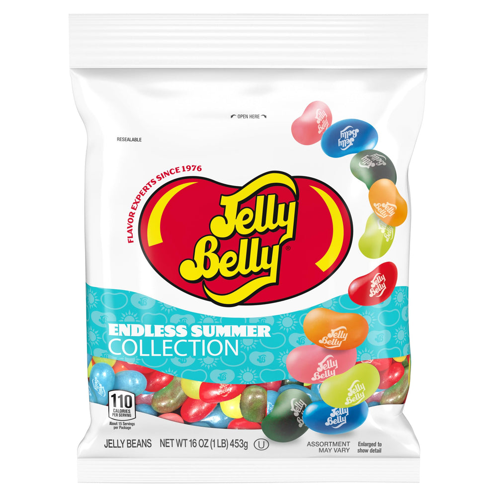 Jelly Belly front of bag showing Endless Summer design and resealable benefit