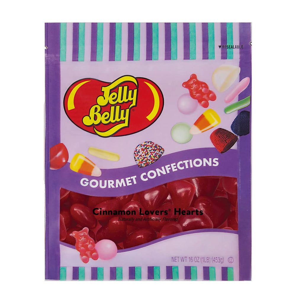 Jelly Belly front packaging showing resealable bag and bold cinnamon hearts for gifting