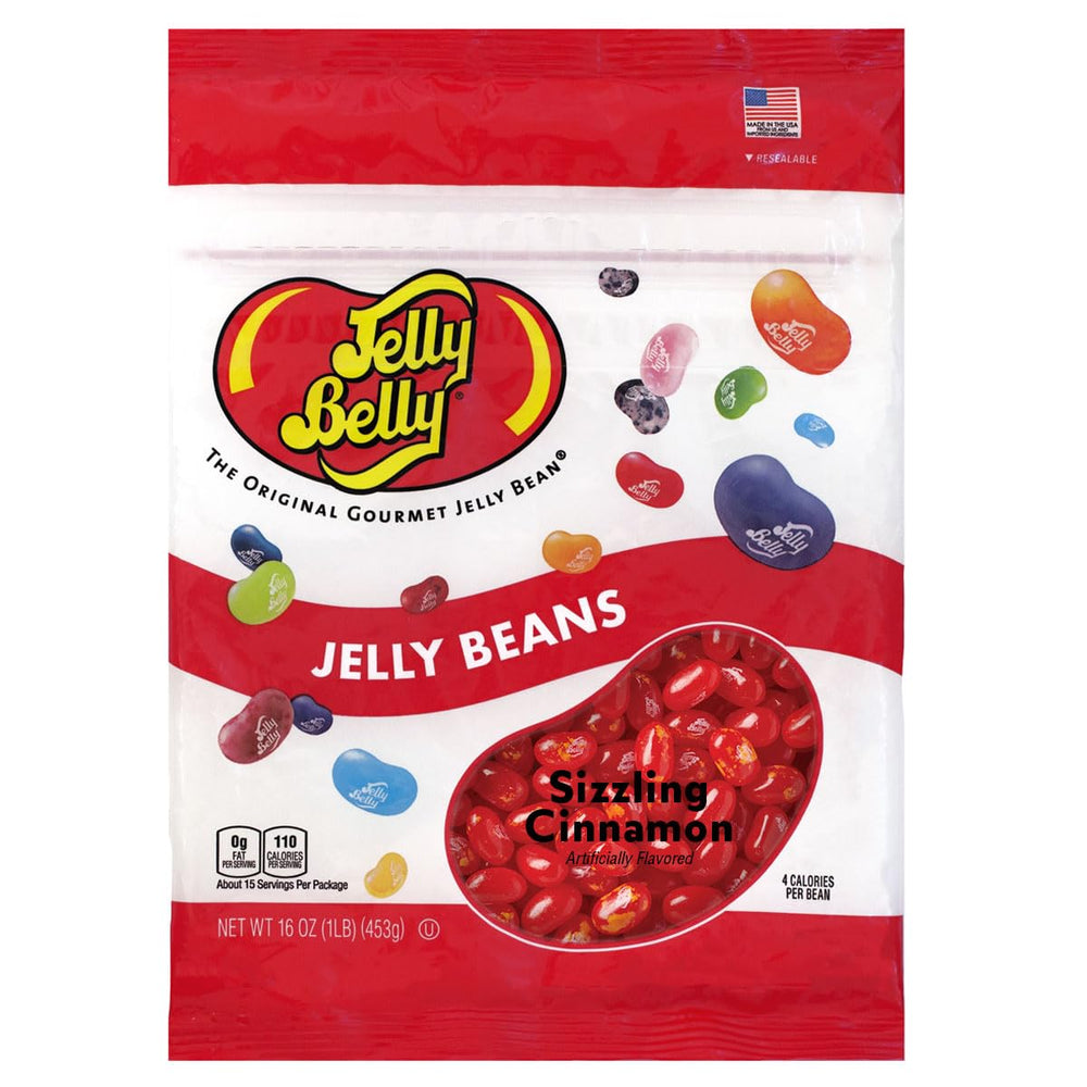 Jelly Belly front of bag showing spicy cinnamon beans and resealable pouch benefit