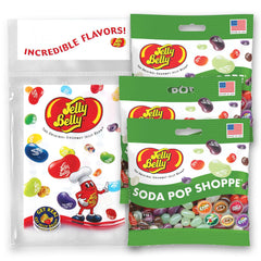 Jelly Belly front packaging showing three grab-and-go bags and tear-off bag convenience