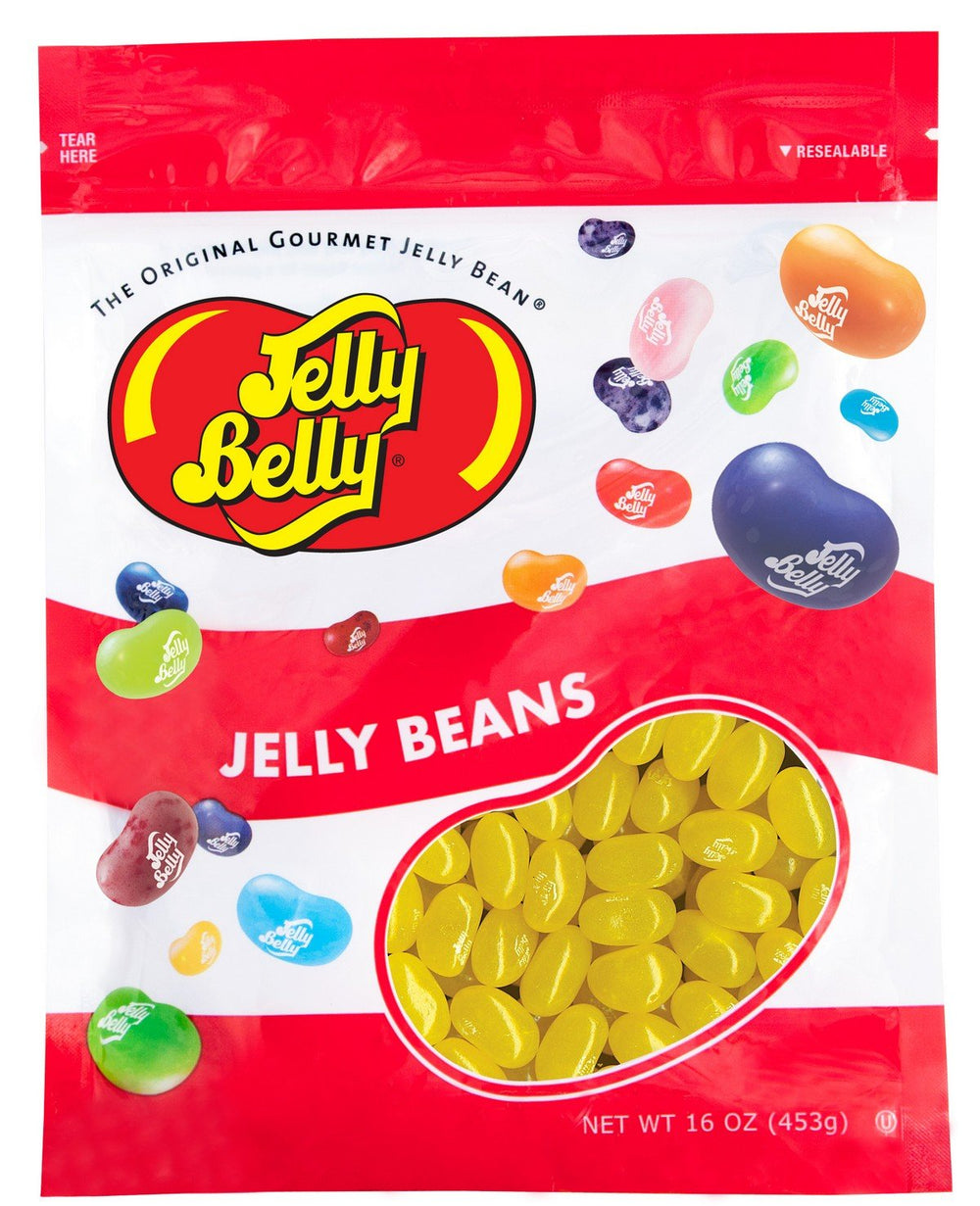 Jelly Belly Sunkist Lemon front packaging showing resealable 1-pound bag and lemon color benefits snack-ready freshness