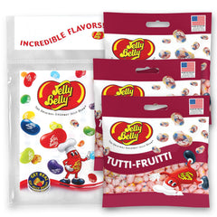 Jelly Belly front packaging showing colorful tutti-fruitti beans and portability benefit