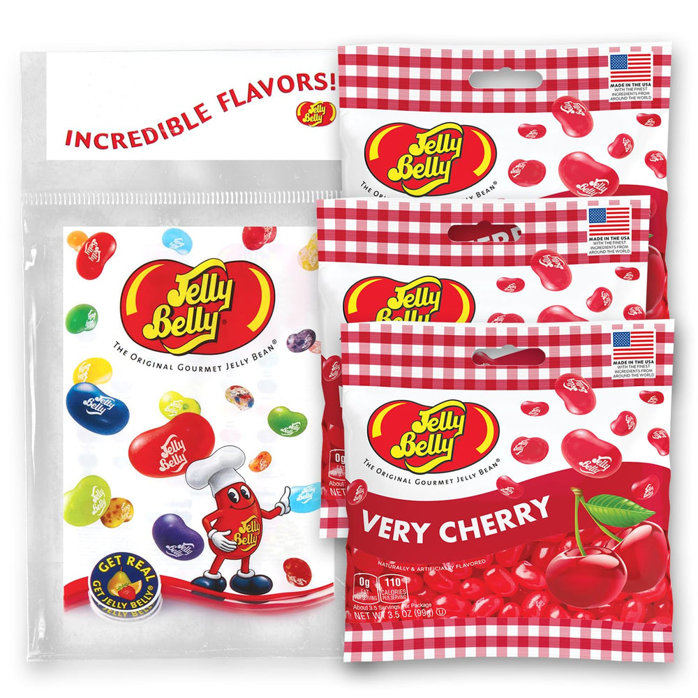 Jelly Belly front packaging showing three resealable cherry bags for freshness