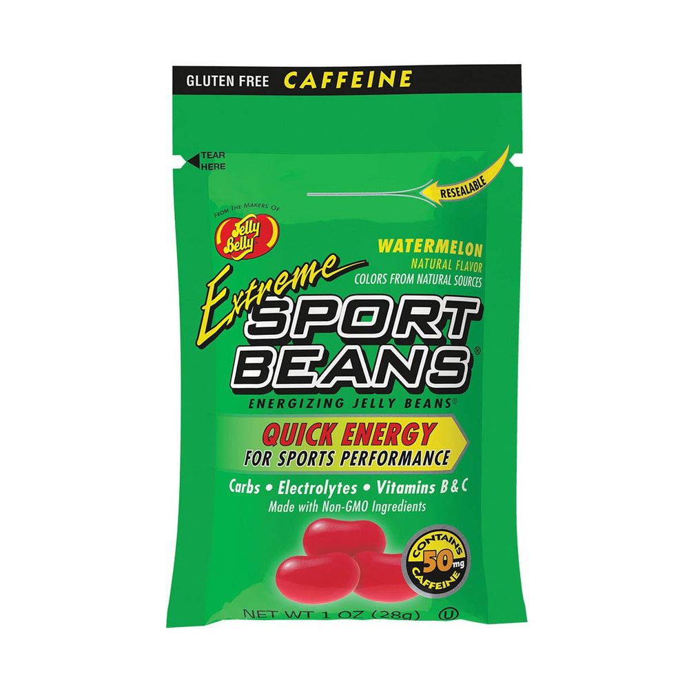 Jelly Belly watermelon front packaging showing resealable single‑serve bag and nutrition info benefit on the go