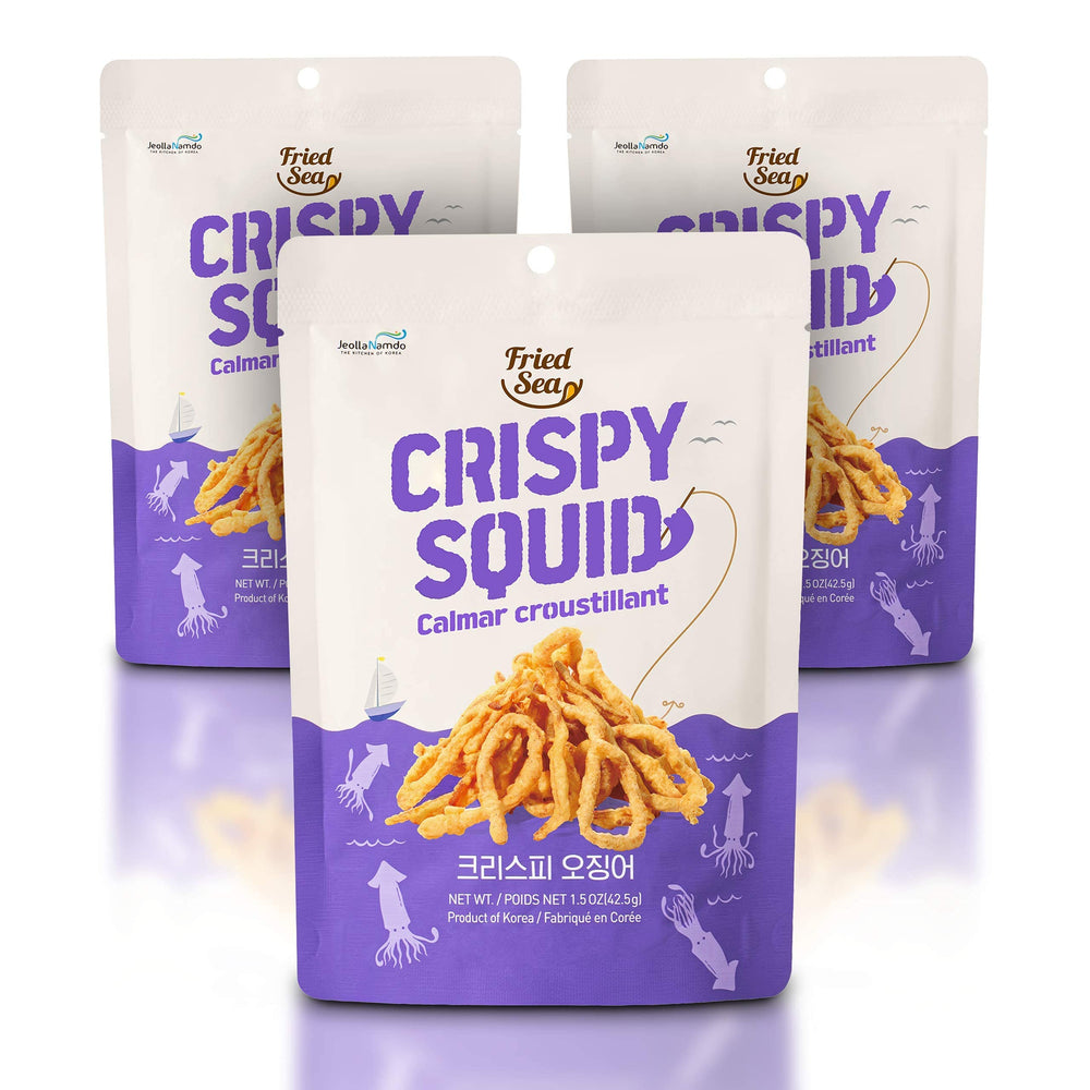 JEOLLANAMDO front packaging showing three single-serve calamari bags and branding