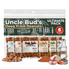 Jerky-n-Spice Uncle Bud's front packaging showing six flavor bags and brand
