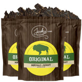 Jerky.com buffalo jerky front packaging showing 3-pack and brand, portable protein