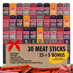 Jerky.com front packaging of 30pc variety pack showing assortment benefit