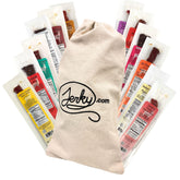 Jerky.com front packaging showing 12-piece exotic jerky sampler and branding benefit
