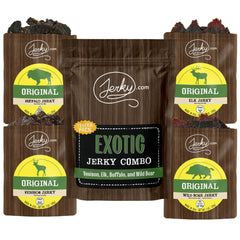 Jerky.com front packaging showing four exotic jerky sticks and gift-ready design