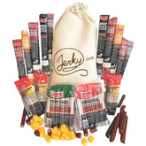 Jerky.com front packaging in jute bag showing premium gift presentation and convenience