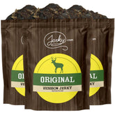 Jerky.com venison front packaging showing three resealable bags and branding, convenient snack
