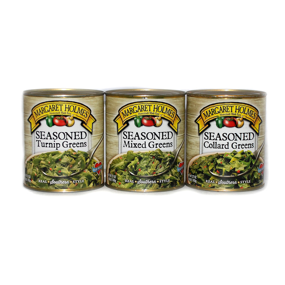 jfs Margaret Holmes front pack shows three cans, convenient pantry greens