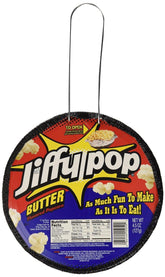 Jiffy Pop front packaging showing 24-pack and butter flavor for party readiness