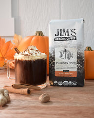Jim's Organic Coffee one-way valve close-up highlighting freshness preservation benefit